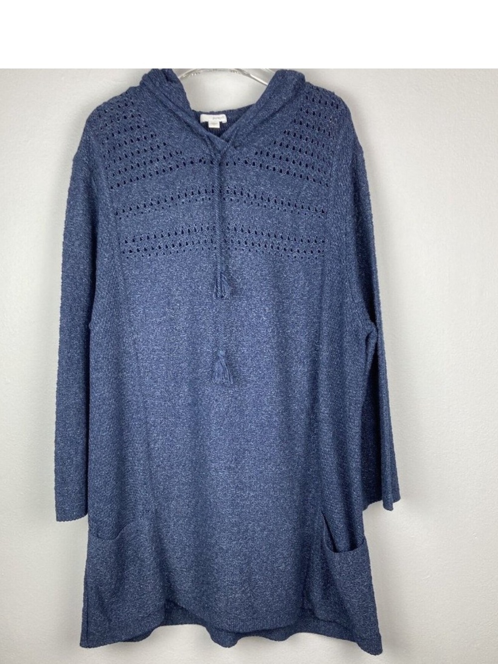 J Jill Hooded Sweater Dress L Knit Cotton Blend Heather Blue Tassels Pockets